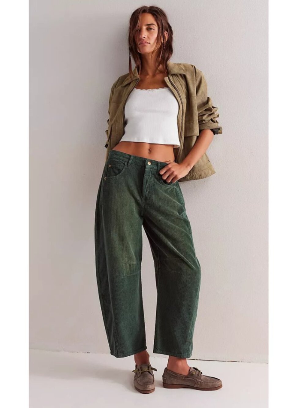 Free People Good Luck Mid-Rise Cord Barrel Jeans Cypress Moss Green Size 27